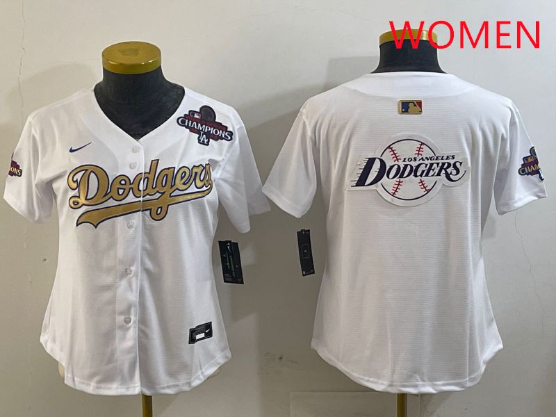 Women Los Angeles Dodgers Blank White Champion gold character 2025 Nike MLB Jersey style 27->women mlb jersey->Women Jersey